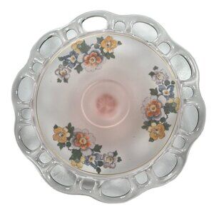 Vintage Pink Satin Frosted Glass Footed Plate Reverse Painted Floral 8.25”